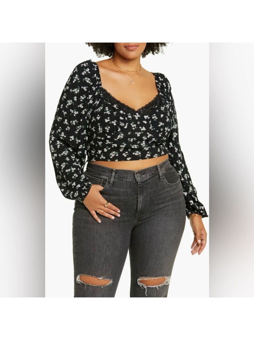 Nordstrom 1X BP Lace Trim Long Sleeve Crop Top Black Floral